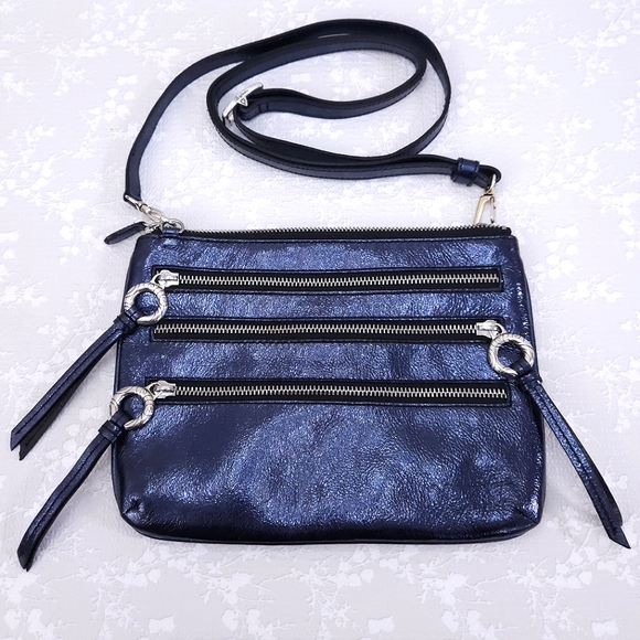 New! BRIGHTON Metallic Blue Leather Triple Zipper Crossbody Bag - Picture 1 of 9